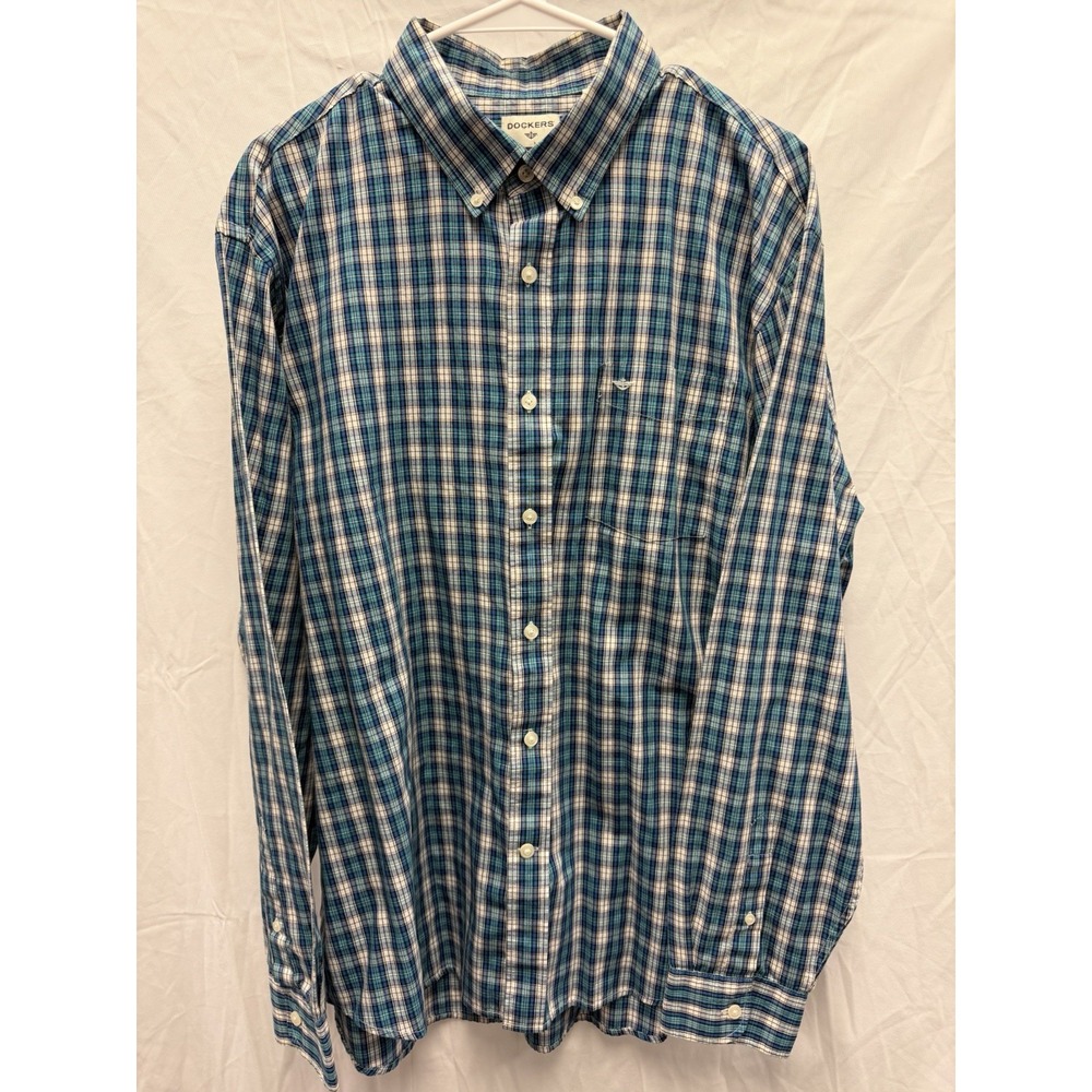 Dockers Button Down‎ Plaid Shirt Long Sleeve Men's XL Blue White